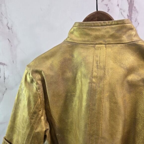 Vintage Leather Jacket Womens Medium Gold Crop Y2K Moto Glam Coated Metallic - Picture 1 of 6
